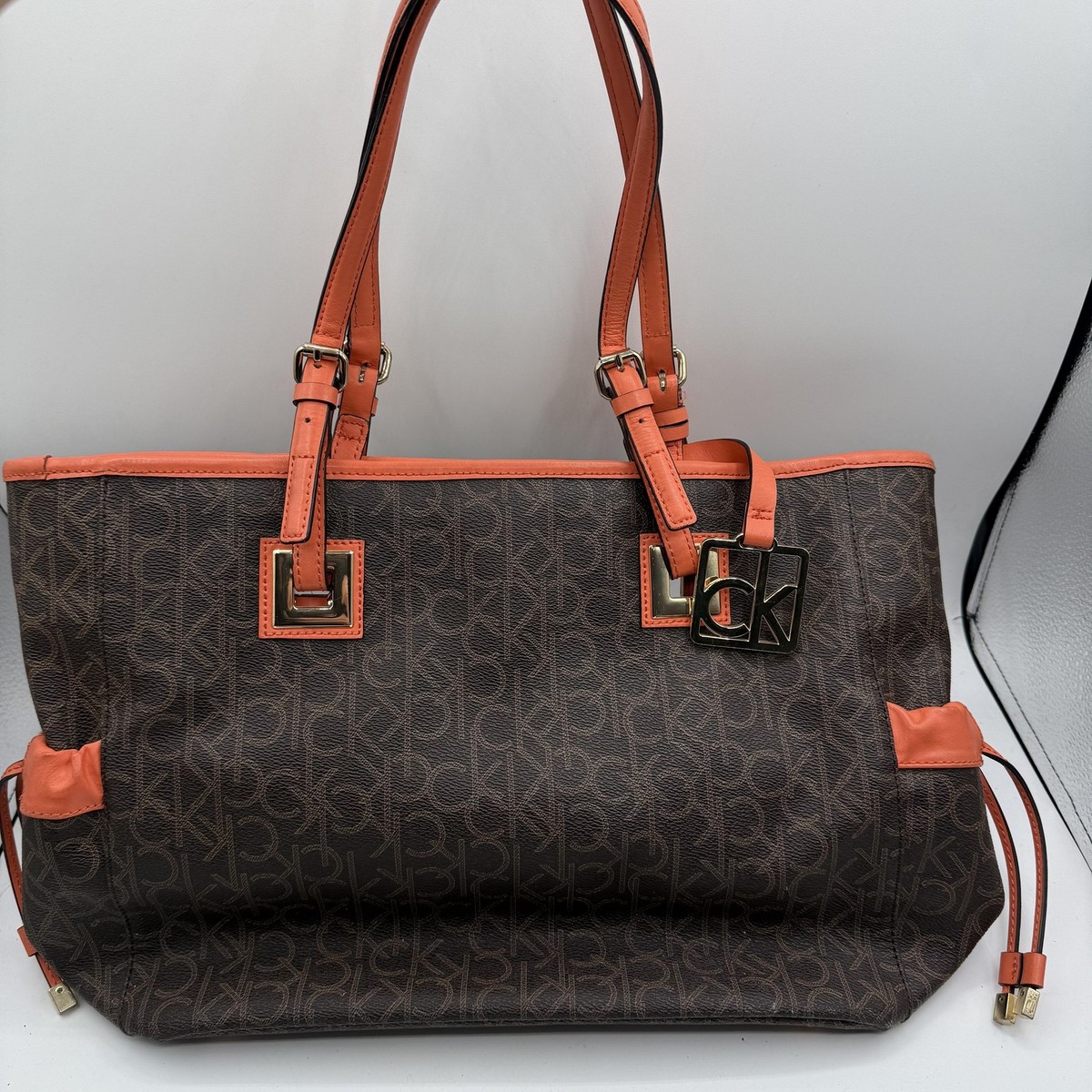 Calvin Klein Tote Bag Womens Large Brown Orange Logo Monogram 