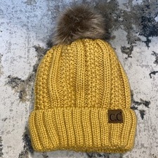 C.C Cable Knit Fleece Lined Beanie Mustard Faux Fur Pom Skull Cap Excellent