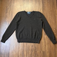 VTG Polo Ralph Lauren 100 Lambs Wool Brown Soft V-Neck Pullover Sweater Mens L