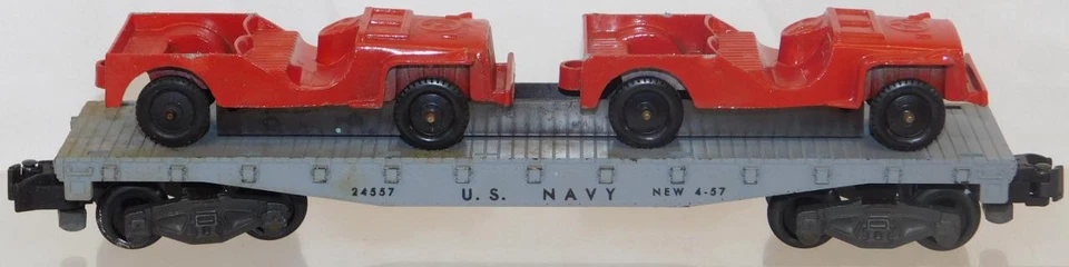 BOXED 1959 American Flyer 24557 US Navy Flat w/2 RED Tootsietoy Jeeps Military - Image 2 of 4