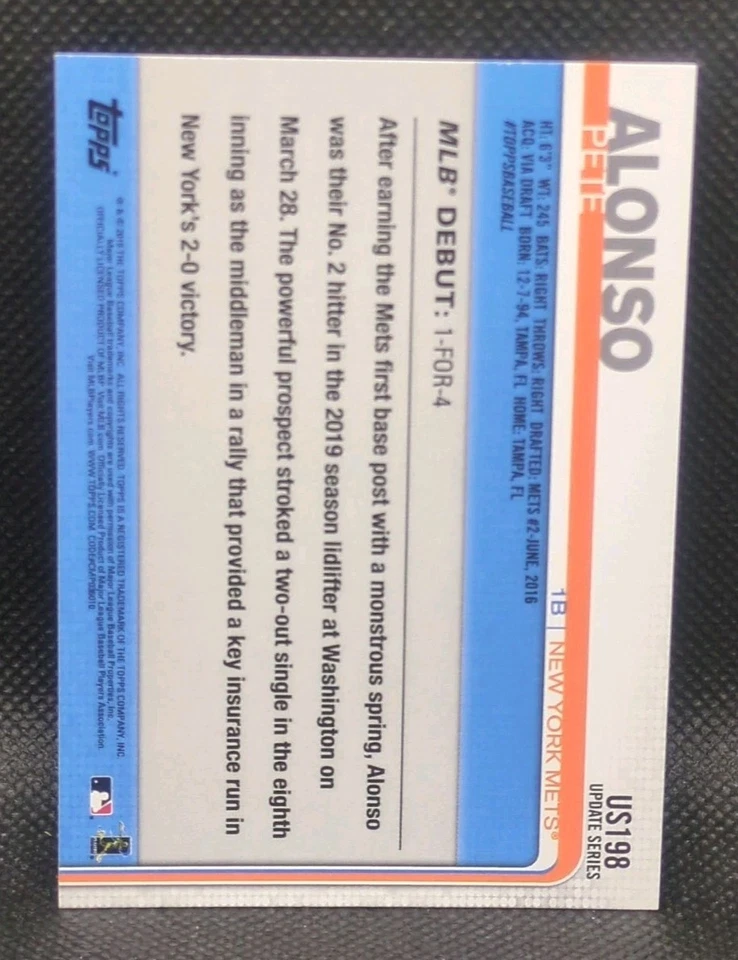 Pete Alonso 2019 Topps Update #US198 RC Rookie Debut Card New York Mets - Image 2 of 2