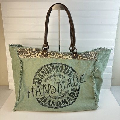 Myra Bag Handmade Vintage Aqua Canvas Weekender Bag Zip Duffel Travel Work Gym