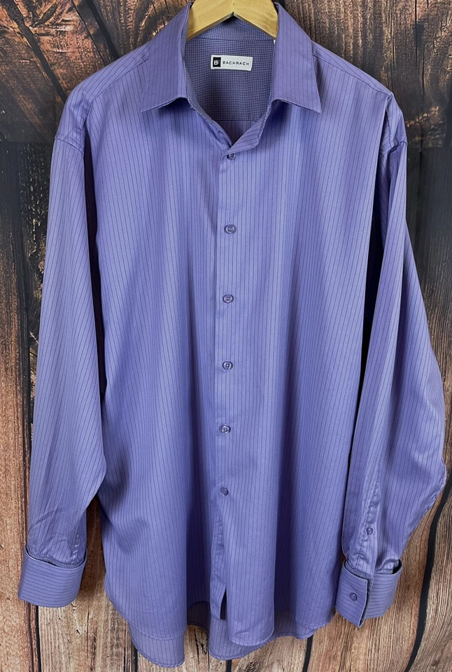 CAMISA DE VESTIR BACHRACH PARA HOMBRE PÚRPURA PIN RAYAS MANGA LARGA DOBLE PUÑO TALLA XL Foto 2 de 4