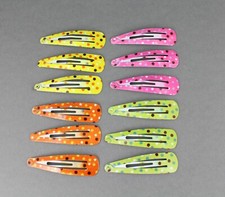12 polka dot snap barrettes metal hair clip 1 7/8" long click yellow orng pink