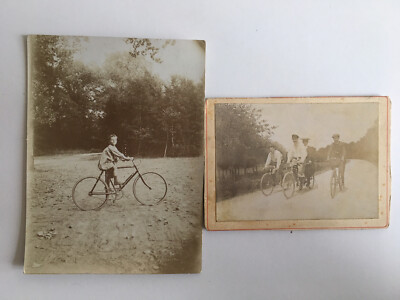 KONVOLUT 2 alte Amateurfotos, animiertes Fahrrad Dreirad und Fahrrad Anfang 1900