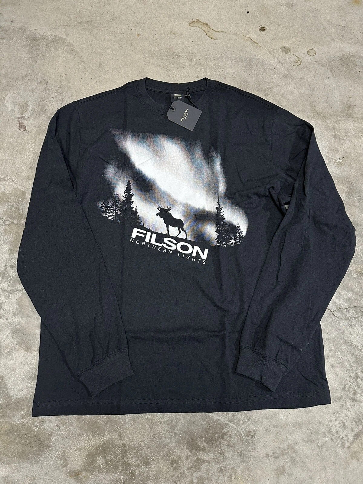NWT Filson Northern Lights Long Sleeve Moose T Shirt Black Made in USA Outdoors