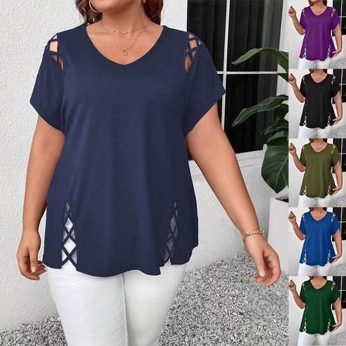 Plus Size Womens V Neck Cut Out T-Shirt Summer Solid Loose Short Sleeve Tops Tee - Picture 3 of 29