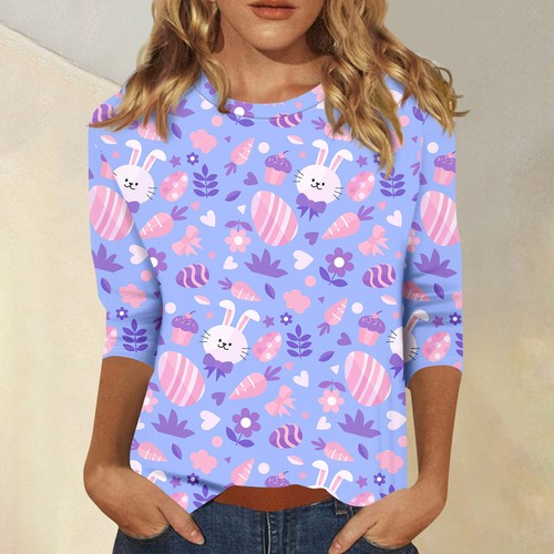 Women's Fashion Casual Seven Sleeve Easter Bunny Egg Print Round Neck Top - Picture 19 of 30