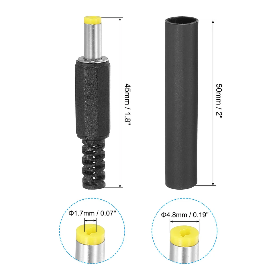 4.8x1.7mm DC Male Plug, 4 Pack DIY DC Barrel Connector with Shrink Tube, Yellow - Image 2 of 4