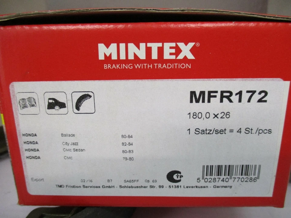 MINTEX MFR172 Bremsbacken HONDA CIVIC I 1 Stufenheck II 2 Schrägheck JAZZ HINTEN - Bild 2 von 2