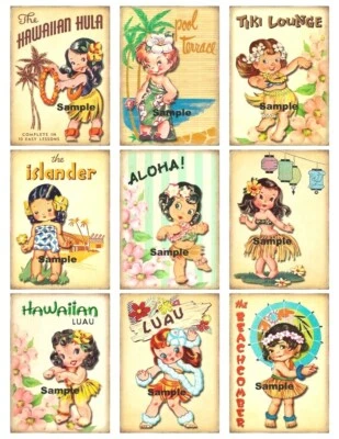 Vintage Little Hula Girl Palm Tree 9 x Gift Tag Craft Card Topper Journal - image 1 of 3