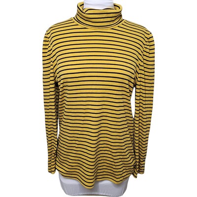 Talbots large Mustard Yellow black stripe long puff sleeve ribbed