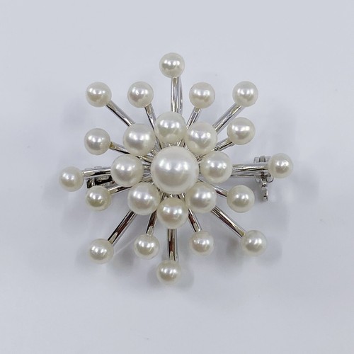 925 Sterling Silver Pearl Flower Burst Cluster Pin Brooch Pendant (LO1007363)