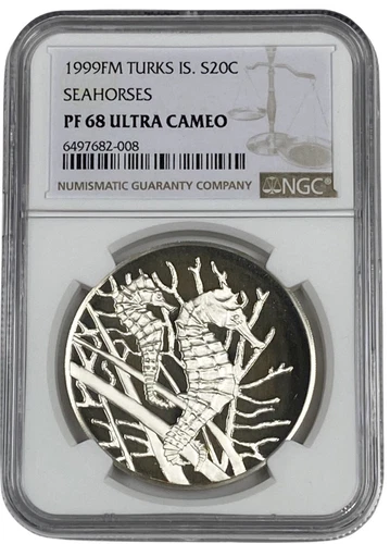 1999 Turks Islands 20 Crowns Seahorses Proof Coin NGC PF 68 UC