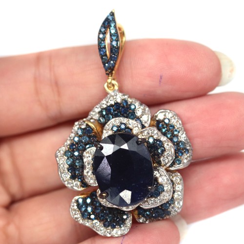 Gmestone 14 X 18 mm. Blue Sapphire & White Zircon Brooch 925 Silver Sterling - Picture 2 of 5