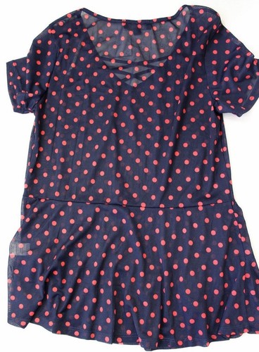 NAIF Navy Polka Dot Lace-Up Front Sheer Flare Hem Blouse Top Size M NWT - Picture 2 of 5