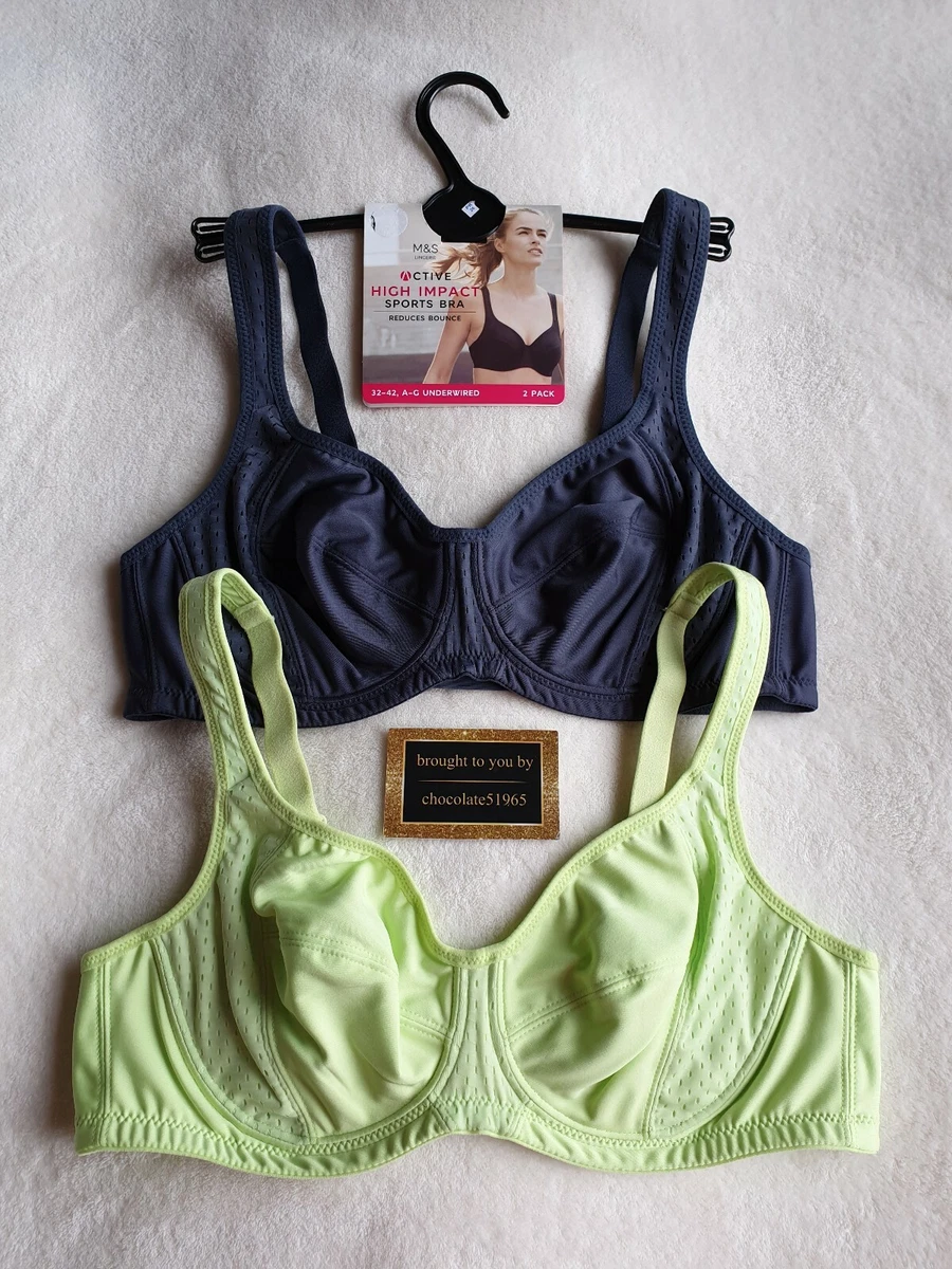 NEW M&S 2 PACK UNDERWIRED HIGH IMPACT SPORTS BRAS 40A IN LIME & SLATE MIX