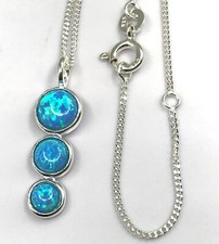 Faux opal round triple pendant solid Sterling Silver blue, adjustable, Box.