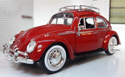 VW Käfer Oldtimer 1959 rot mit Dachträger 1:24 Motormax Diecast detailliert neu in OVP