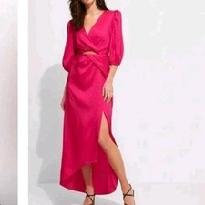 NWT Express Faux Wrap Knotted Waist Satin Fuchsia Hi-Lo Maxi Dress Sz S