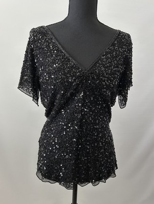 Papell Boutique Women's Black Sequin Lace V-Neck Flutter Sleeve Blouse M