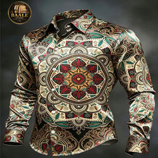Button Down Shirt Men Floral Casual Print Long Sleeve Casual Collared Men's Top