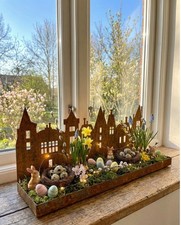 Edelrost Deko Tablett Häuserzeile Metall Rost Landhaus Skyline Stadt Teelicht