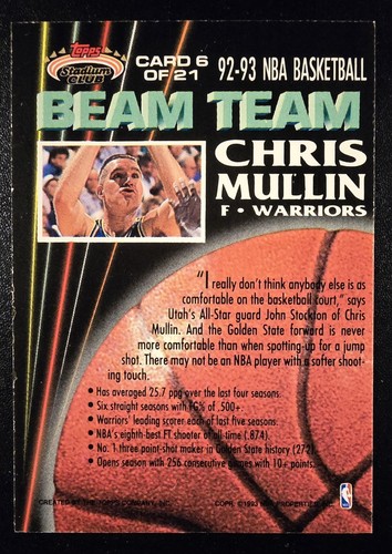 1992-93 Topps Stadium Club Beam Team #6 CHRIS MULLIN solo membri HOF - Foto 2 di 2