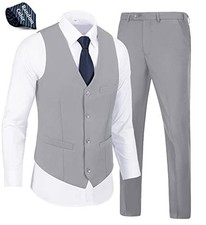 WOMS Mens Suit 2 Piece,Vest and Pants for Men Slim Fit with Tie Light Gray