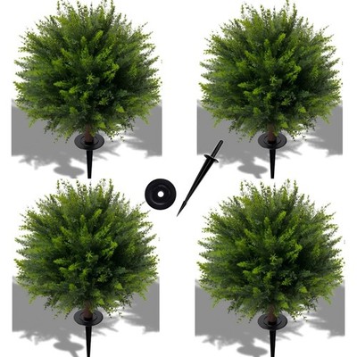 24.5 Inch (H) Artificial Cedar Topiary Ball Trees, Set of 4 Fake Shrub Bushes...