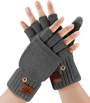 Winter Fingerless Gloves for Men Women - Mittens Finger Wool Gloves with Flip,Wa