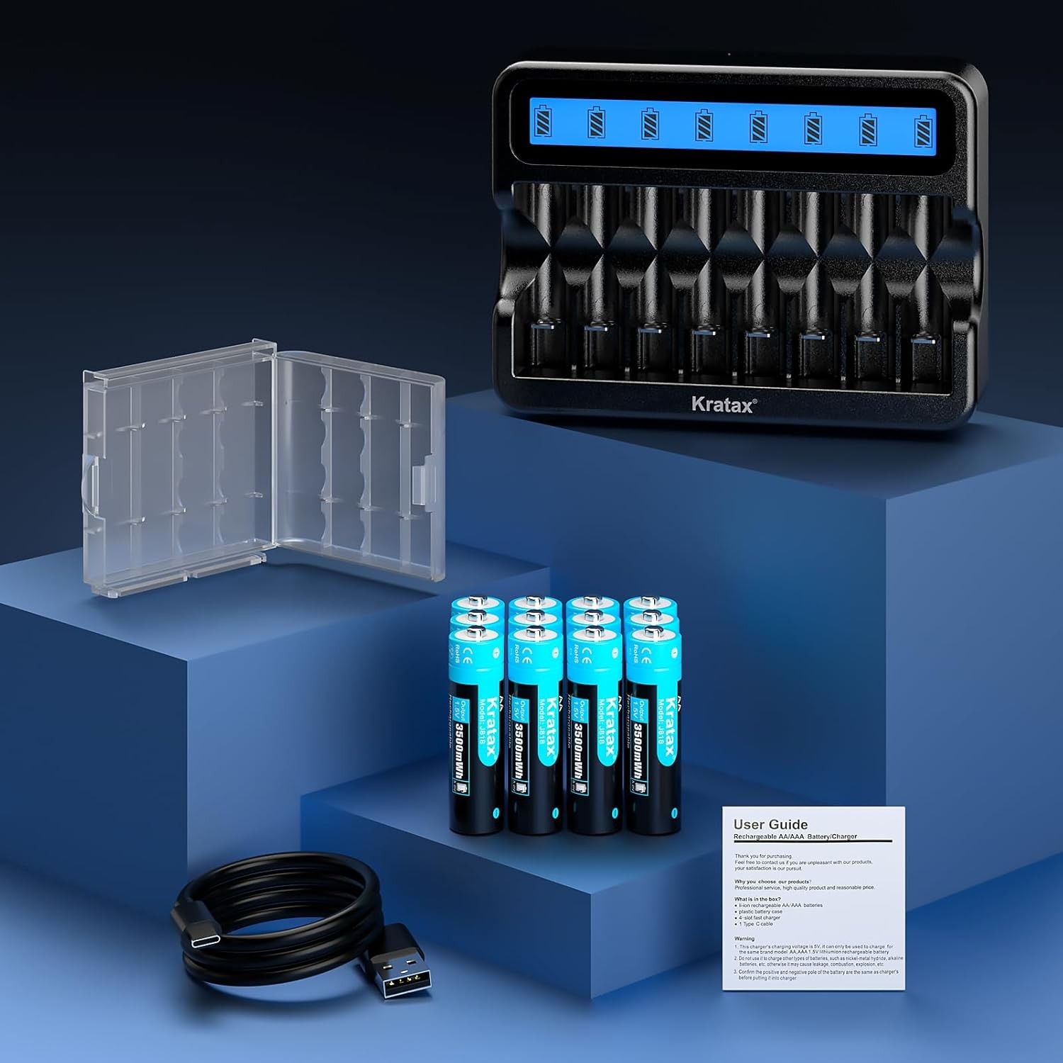 Kratax 1.5V Lithium AA Rechargeable Batteries 3500mWh with 8 Solt LCD Charger