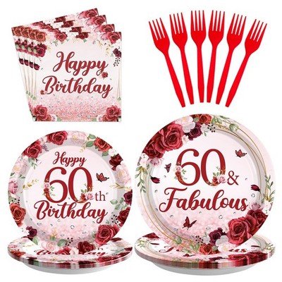 96 PCS Burgundy 60th Birthday Party Supplies Rose Gold Floral