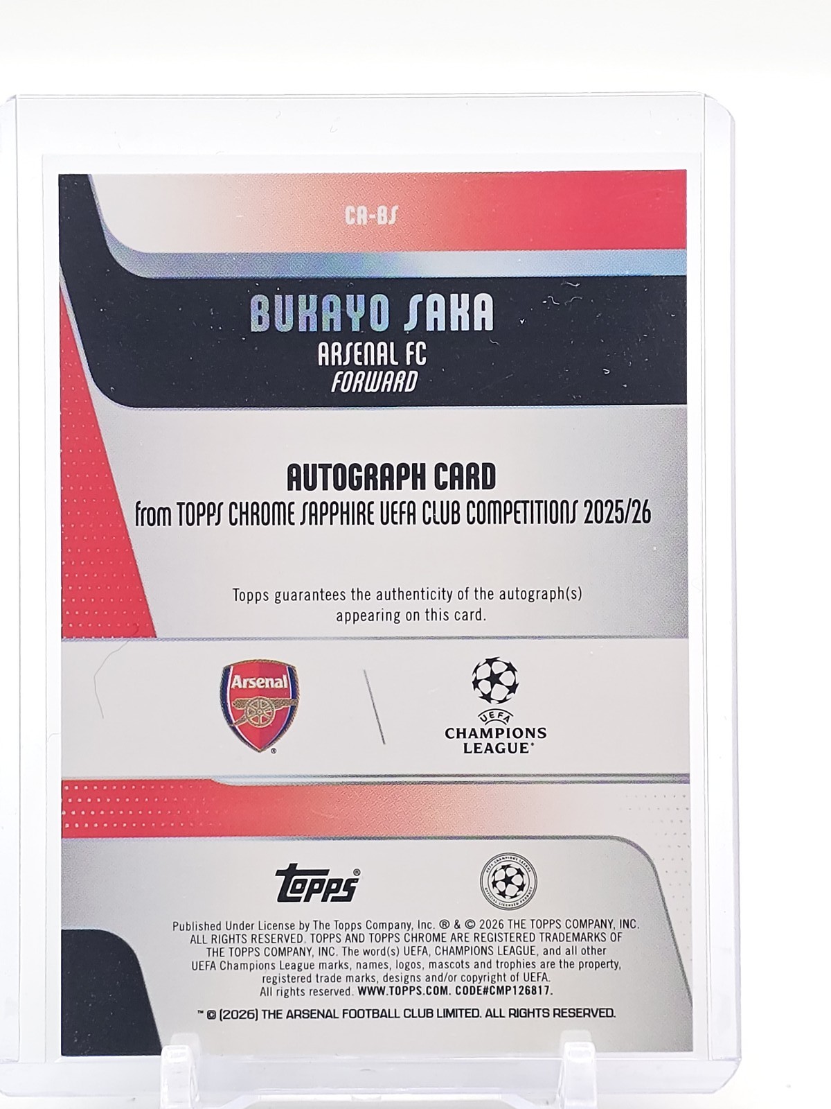 BUKAYO SAKA 2025-26 TOPPS CHROME SAPPHIRE UCL PADPARADSCHA 1/1 AUTO Q5332 view 2