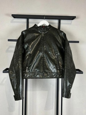 Vintage Black Snakeskin Leather Jacket Cropped Y2K Moto Biker Distressed