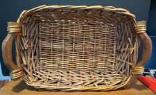 Vtg Brown Rectangular Medium Willow Basket with Wooden Handles 21.5"L x 13.5"W