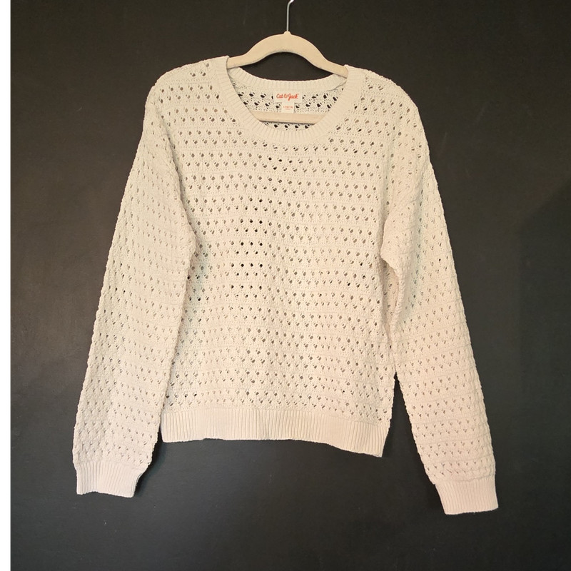 Cat & Jack Girls White Knit Pullover Sweater Crew Neck Long Sleeve Size L 10/12