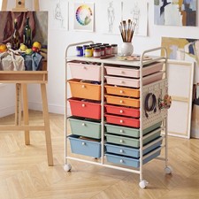 15-Drawer Rolling Cart w/Pegboard, Mobile Utility Organizer on Wheels w/2 Brakes