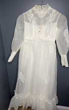 Vintage 60s 70s Wedding Dress Lace Sheer Slv, High Neck ILGWU Union Bridal Gown