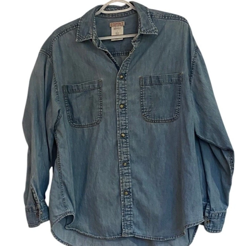 Esprit Mens Denim Snap Shirt Light Blue Long Sleeve Size L - Image 3 of 4