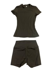 Womens Two Piece Athletic Set M Dark Brown Short Sleeve High Waist Pockets