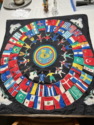 Vintage Silk Hanky United Nations World Flags Eagles Native Costume HTF As-is