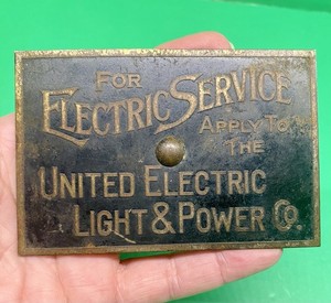 Rare United Electric Light & Power Co. Brass Sign Plaque 1920’s NY history
