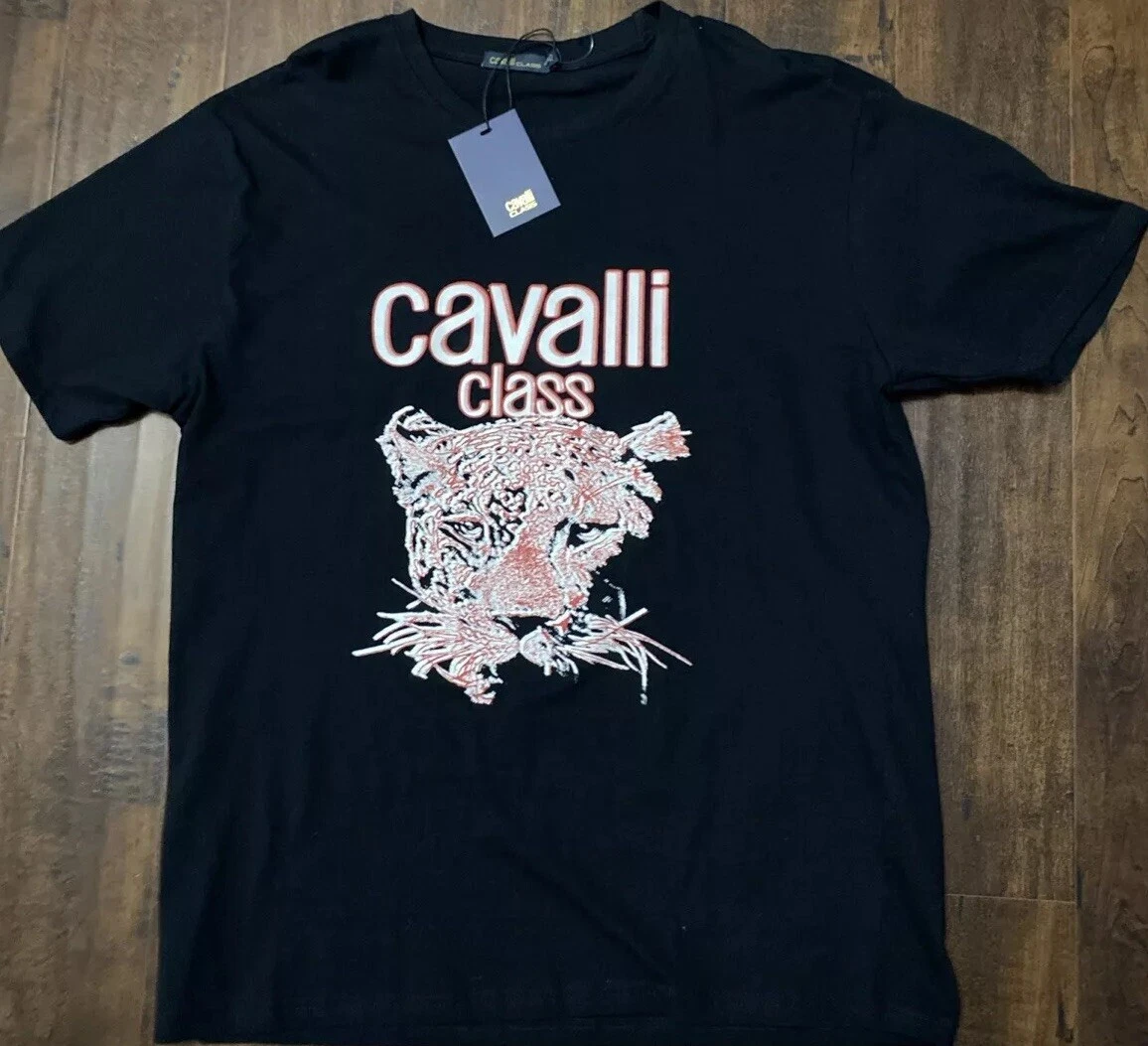 Cavalli Class Tshirt Uomo Stampa, 100% Cotone (IT, Testo, XXL, Regular, Regular, Blu