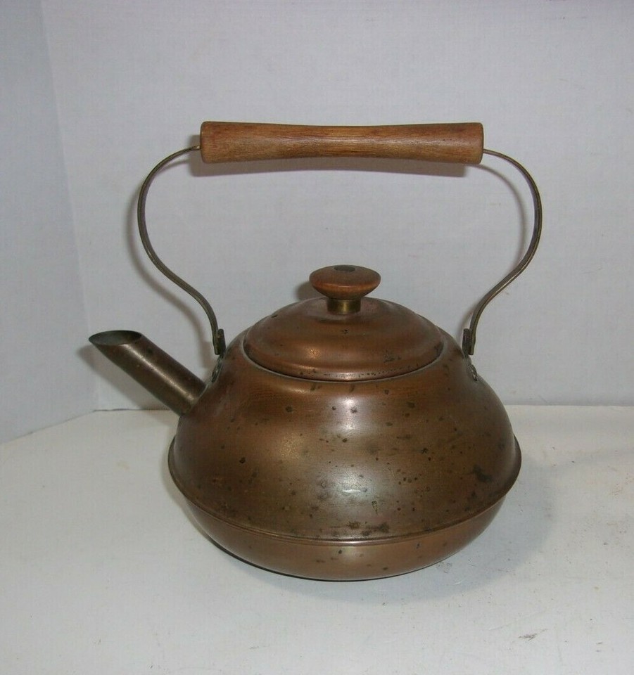 Old Small Copper Tea Pot w/ Wood Handle Antique Vintage eBay