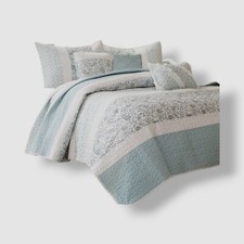 Madison Park Blue 6pc Reversible Stella Percale with Throw Pillows Quilt Set