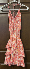Shein Women's Floral Print Ruffle Hem Belted Halter Dress. Size L Pink