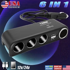 2022 USB Car Charger Cigarette Lighter Socket 4-Way 12V Splitter Power Adapter