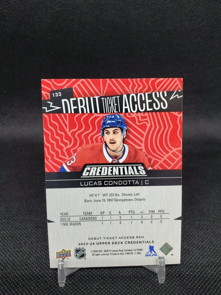 2023-24 Upper Deck Credentials Lucas Condotta 133 Debut Ticket Access Red /349 - Image 2 of 2