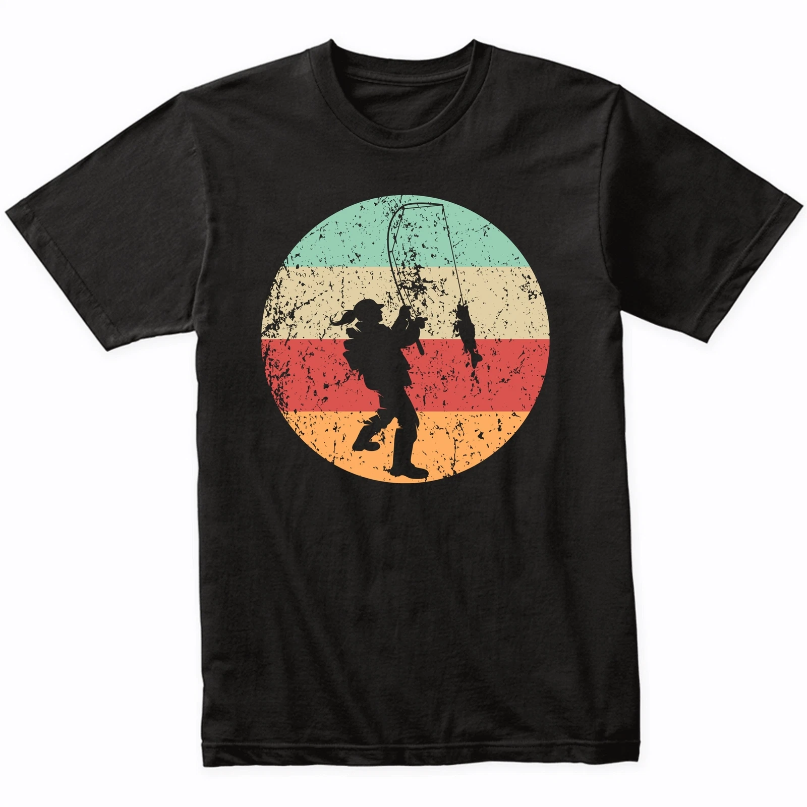 Retro Fisherwoman Female Athlete Fishing Girls Sports T-Shirt (Retro Colors)